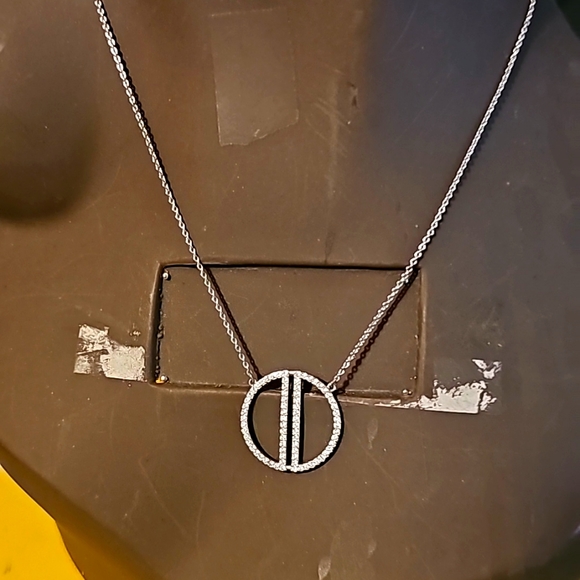 Carmen Silver White Necklace w/Cubic Zirconia Attached Cirle Pendant, 16" Length - Picture 3 of 6